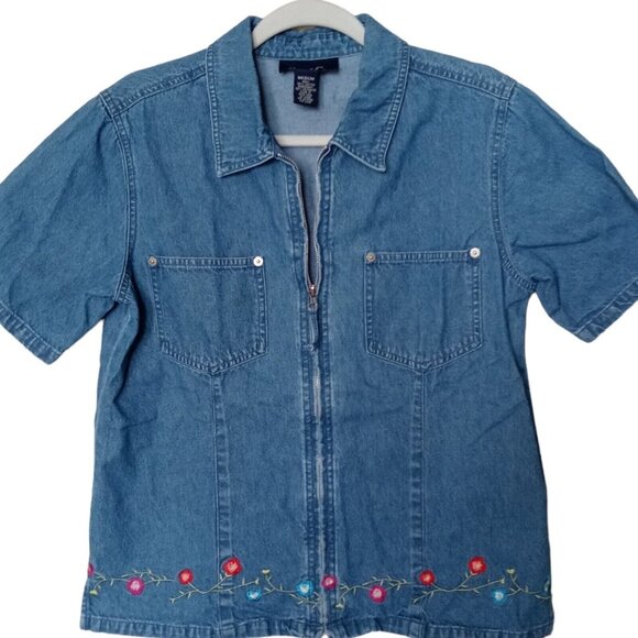 Denim & Co Blue Denim Zip-Up Top Shirt Blue Shacket Jacket Floral Embroidery - Picture 1 of 6